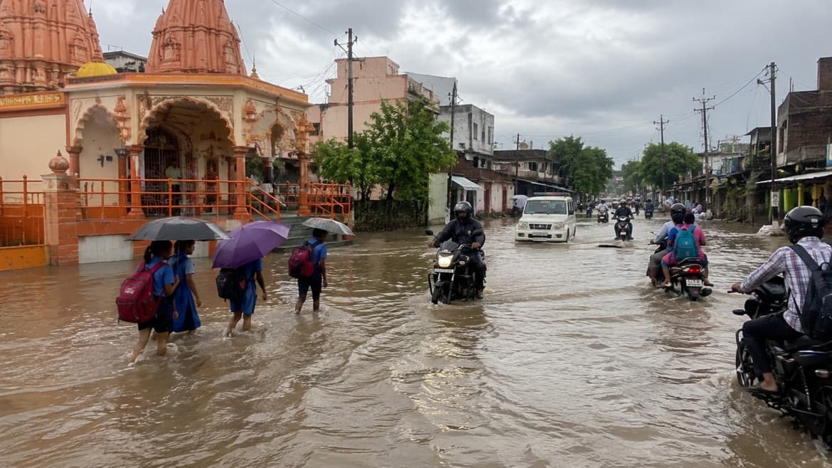 खिलचीपुर में चार घंटे की बारिश से सड़कें बनी तालाब, खेड़ापति हनुमान मंदिर के पास दो फीट तक भरा पानी